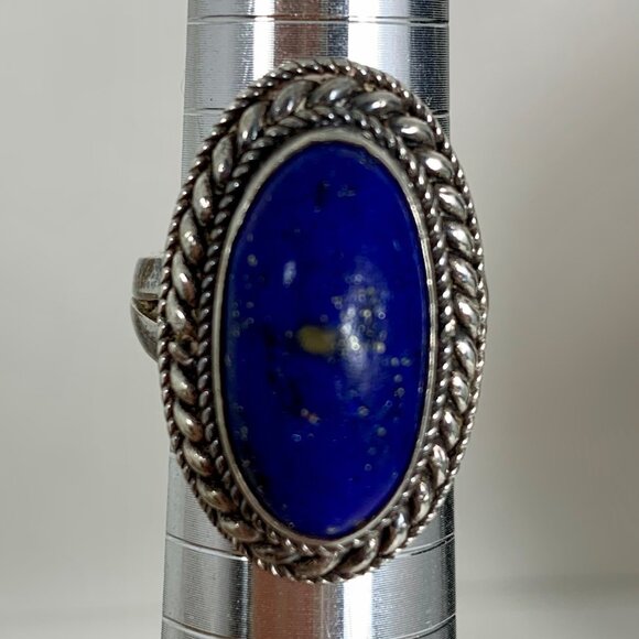 Vintage Yoro 925 Sterling Silver Oval Lapis Lazuli Statement Ring Size 7 - Picture 1 of 6